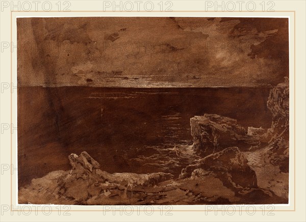 William West or Samuel Jackson, British (1801-1861), A Rocky Coast by Moonlight, late 1820s, brown wash with blotting and surface scraping on wove paper