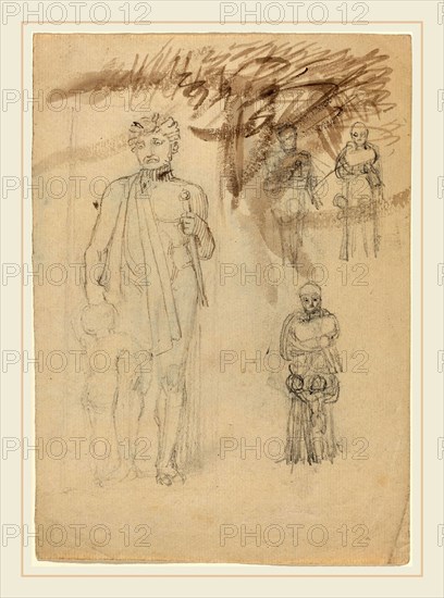 John Flaxman, British (1755-1826), Sheet of Studies, including Warrior with Child [recto and verso], graphite with brown wash on laid paper