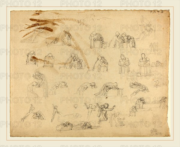 John Flaxman, British (1755-1826), Sheet of Studies, graphite--brown wash uL corner unrelated to composition