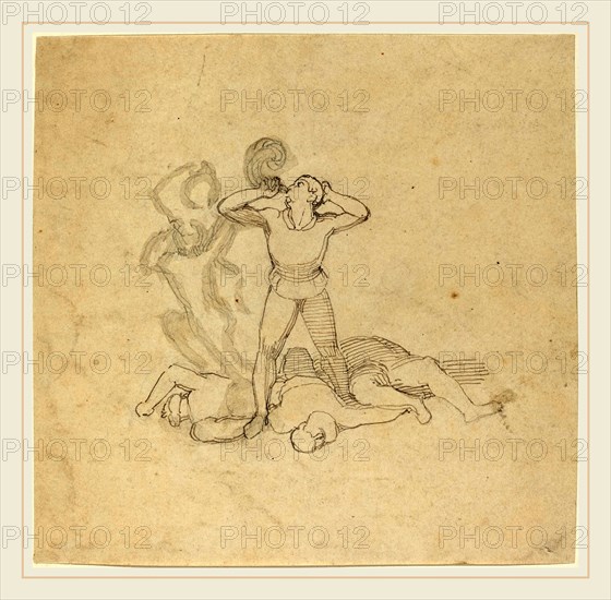 John Flaxman, British (1755-1826), Figure Standing over Corpses, Blowing a Horn, in or after 1795, pen and gray ink with gray wash over graphite on wove paper