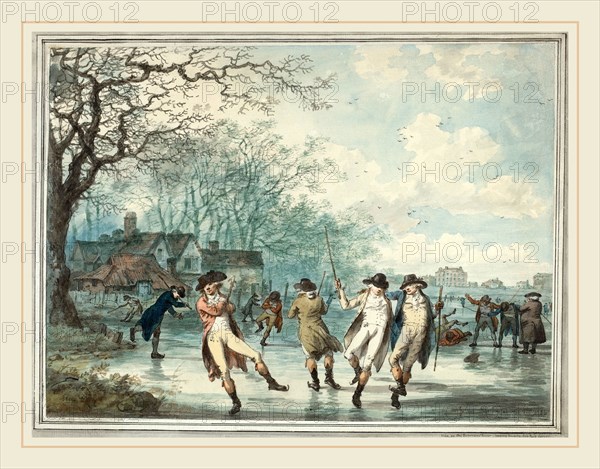 Julius Caesar Ibbetson, British (1759-1817), Skaters on the Serpentine in Hyde Park, 1786, pen and black ink and watercolor on laid paper; laid down