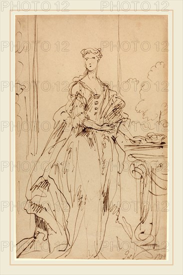 John Vanderbank, British (probably 1694-1739), Portrait of a Standing Lady, 1734, pen and brown ink on laid paper