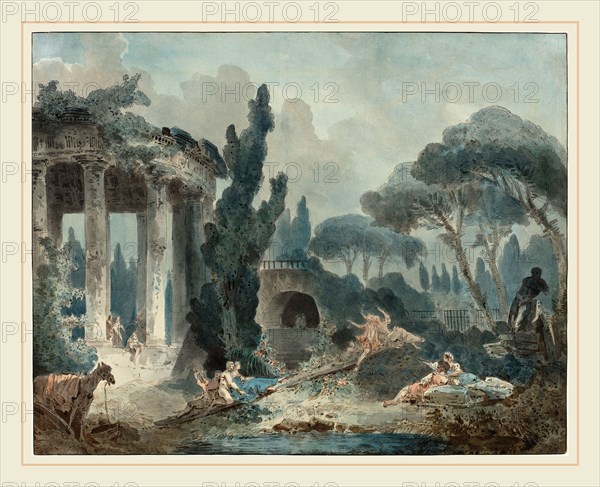 Style of Hubert Robert, The Seesaw, pen and black ink and watercolor on laid paper