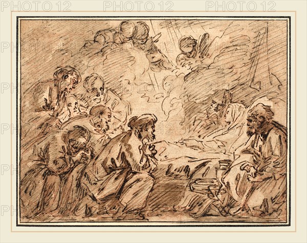 François Boucher, French (1703-1770), The Adoration of the Magi, pen and brown ink and brown wash over red chalk on cream laid paper, laid down
