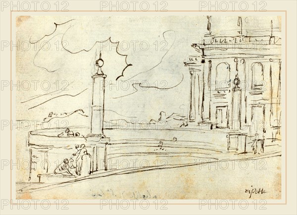 Augustin Pajou, French (1730-1809), The Ripetta in Rome [verso], 1752-1756, pen and brown ink over black chalk on laid paper