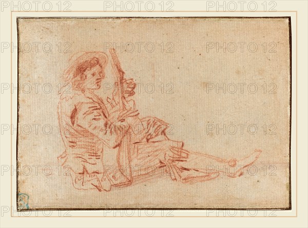 Antoine Watteau, French (1684-1721), Seated Guitarist [recto], red chalk on laid paper