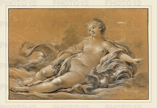 FranÃ§ois Boucher, French (1703-1770), Venus Reclining on a Dolphin, c. 1745, black chalk heightened with white on brown laid paper