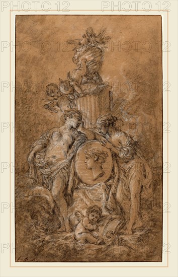 François Boucher, French (1703-1770), Design for a Funeral Monument, c. 1767, black chalk and stumping with touches of graphite, heightened with white, on brown laid paper