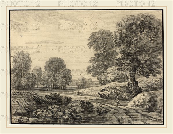 Jean Baptiste Claude Chatelain, French (1710-1771), Travelers on a Road in a Wooded Landscape, black chalk and graphite on laid paper