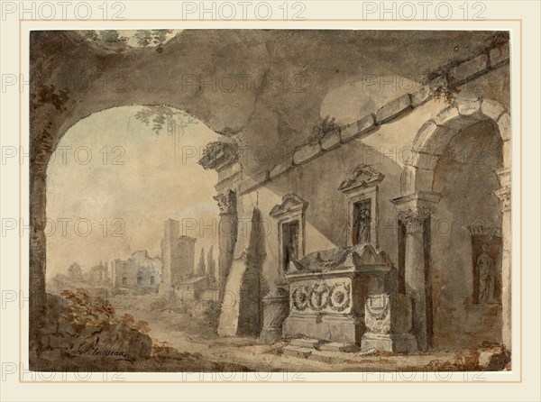 Charles Louis Clérisseau, French (1722-1820), Roman Ruins with a Sepulchre, pen and gray ink with watercolor on laid paper