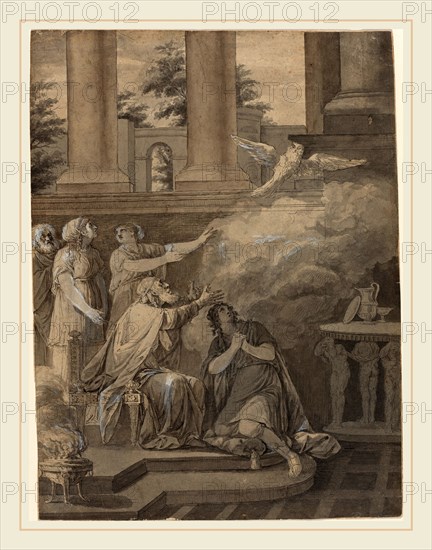 Jean-Jacques-FranÃ§ois Le Barbier I, French (1738-1826), Pallas Athene in the Form of a Bird Leaving Nestor and Telemachus, c. 1780, pen and black ink with gray and brown washes over graphite, heightened with white, on laid paper