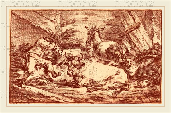 Philippe Jacques de Loutherbourg II, French (1740-1812), Animals in a Stable, red chalk on laid paper