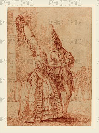 Pierre Thomas Le Clerc, French (born c. 1740), A Lady and Gentleman with Exaggerated Headdresses, 1778-1780, red chalk on beige laid paper