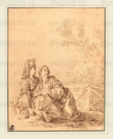 Jean-Baptiste Le Prince, French (1734-1781), Two Russians Seated in Landscape, brown chalk on beige laid paper