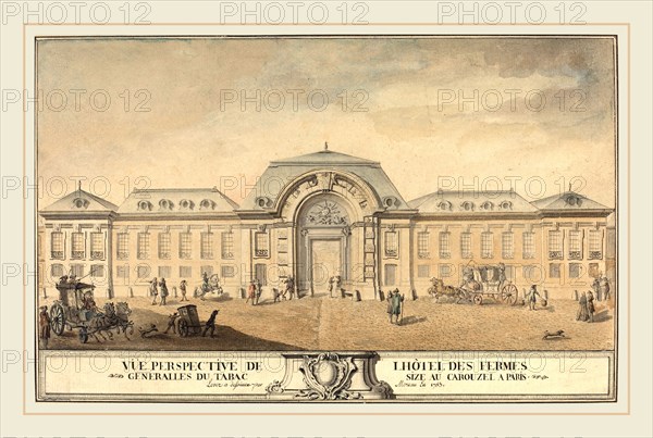 Jean-Michel Moreau, French (1741-1814), View of the HÃ´tel des Fermes Générales du Tabac, 1763, pen and black ink with brown wash and watercolor over graphite on two sheet of laid paper