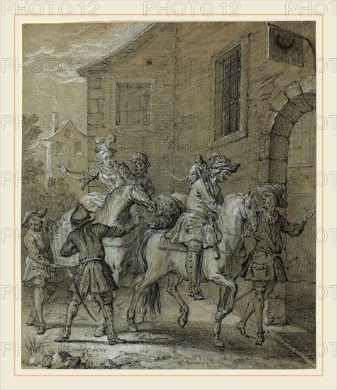 Jean-Baptiste Oudry, French (1686-1755), L'Arrivee de l'Operateur dans l'hotellerie, 1727, black chalk heightened with white chalk on blue laid paper
