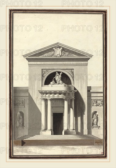 Louis Gustave Taraval, French (1739-1794), Facade for a Church with a Sculpture Representing Faith, c. 1768, pen and gray ink with gray and brown washes over black chalk on laid paper