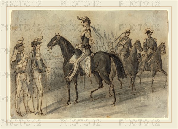 Constantin Guys, French (1805-1892), Military Parade, pen and brown ink with gray wash over graphite