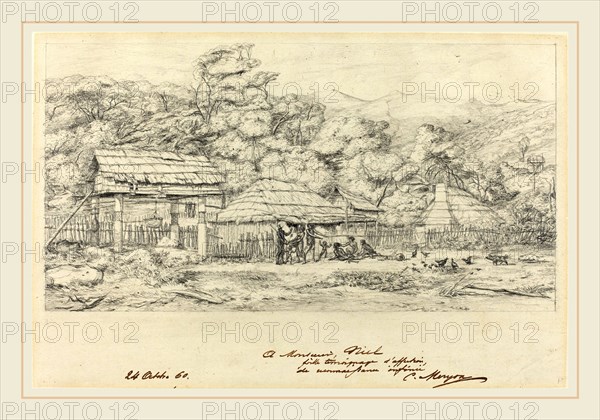 Charles Meryon, French (1821-1868), Greniers indigenes et habitations a Akaroa, presqu'Ile de Banks, 1860, graphite