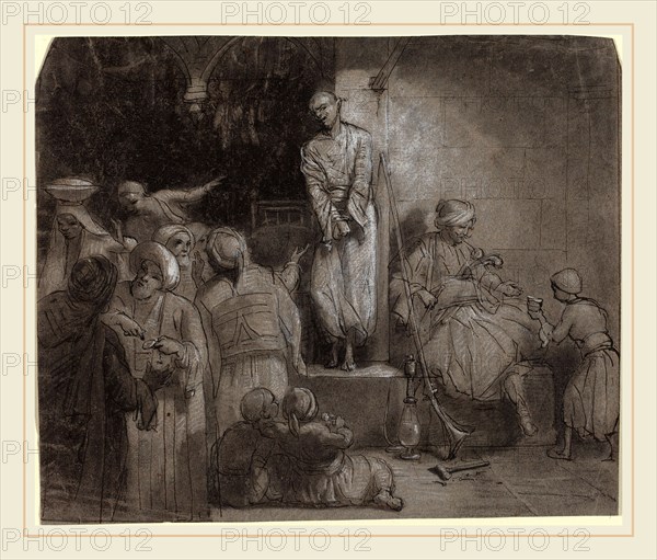 Alexandre-Gabriel Decamps, French (1803-1860), The Slave Market [recto], pen and black ink with charcoal, gray wash, and white chalk on gray paper