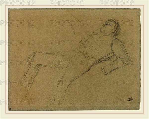 Edgar Degas, French (1834-1917), Fallen Jockey (study for "Scene from the Steeplechase: The Fallen Jockey"), c. 1866, graphite on blue paper