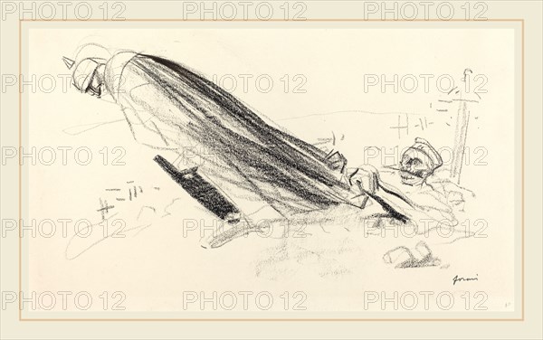 Jean-Louis Forain, Ceux de la priemiere heure.  "Sire! ou en somme-nous de "la guerre fraiche et joyeuse"?...", French, 1852-1931, c. 1914-1919, black crayon on wove paper