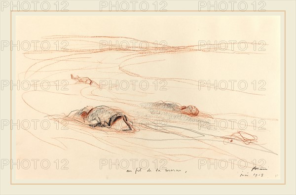 Jean-Louis Forain, Au fil de la marne, French, 1852-1931, 1918, red chalk, black crayon, and graphite on wove paper