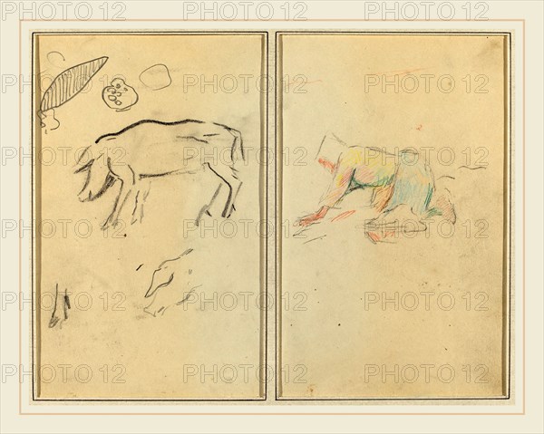 Paul Gauguin, French (1848-1903), A Pig; Breton Peasant Kneeling [verso], 1884-1888, crayon and graphite on wove paper