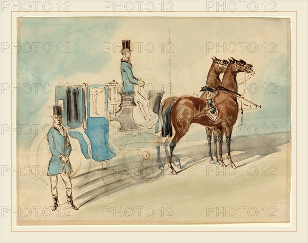 Constantin Guys, French (1805-1892), Carriage with Driver and Groom: Spring, pen and brown ink and watercolor