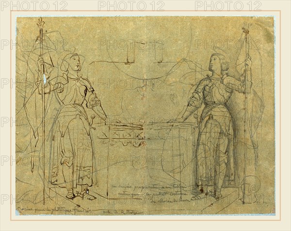 Jean-Auguste-Dominique Ingres, French (1780-1867), Joan of Arc Standing at the Altar at Reims Cathedral, c. 1844, pen and brown ink and graphite on tracing paper laid down on blue paper