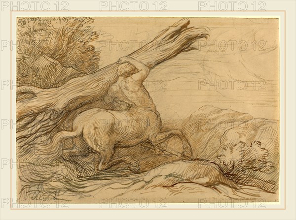 Alphonse Legros, Centaur Carrying a Tree Trunk, French, 1837-1911, brown and green ink over graphite