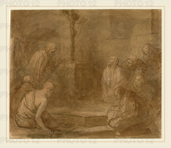Alphonse Legros, At the Foot of the Cross, French, 1837-1911, pen and brown ink with brown wash over graphite  on laid paper