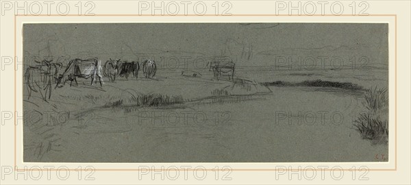 Constant Troyon, French (1810-1865), River Bank with Cattle, probably after 1850, black and white chalk on blue wove paper