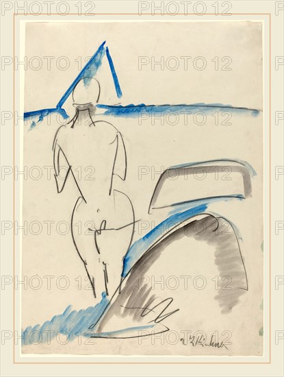 Ernst Ludwig Kirchner, Bather on the Beach, German, 1880-1938, 1912-1913, black crayon with blue and gray wash