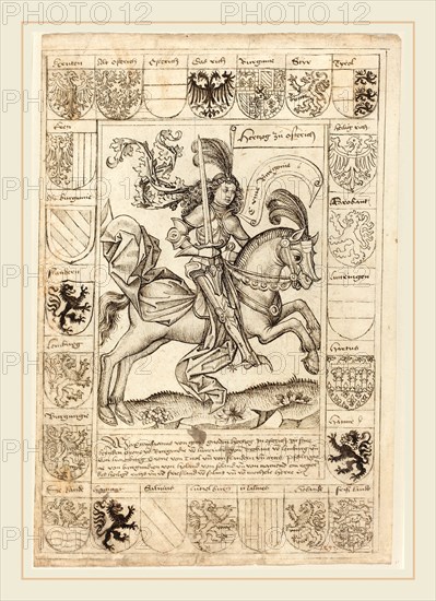 Primary Master of the Strassburg Chronicle, German (active 1480s and 1490s), Maximilian, Duke of Austria, on Horseback, 1492, pen and black ink over traces of black chalk on laid paper ruled in leadpoint