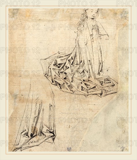 Master of the Coburg Roundels, German (15th Century), Female Figure Kneeling in Prayer [verso], c. 1490, pen and black ink on antique laid paper