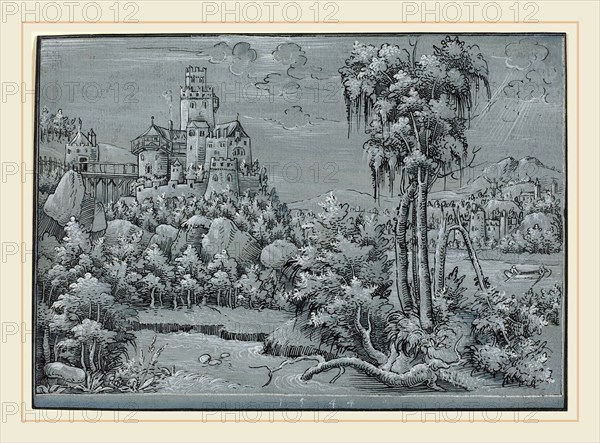 German 16th Century, Landscape with a Castle, 1544, pen and black ink with white heightening on blue prepared paper