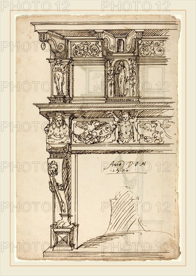 German or Austrian 16th Century, Palatial Mantelpiece with Mercury and Hope [recto], 1571, pen and brown ink on laid paper
