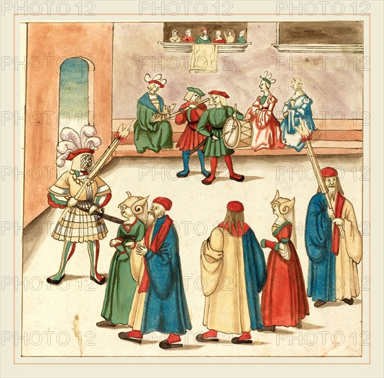 German 16th Century, Masquerade, c. 1515, pen and brown ink with watercolor on laid paper