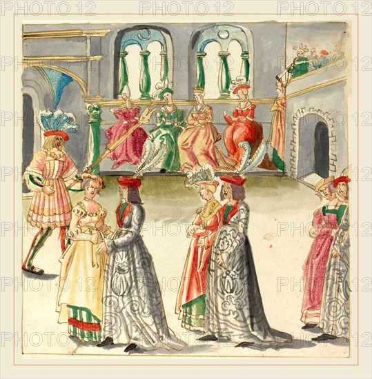 German 16th Century, Masquerade, c. 1515, pen and brown ink with watercolor on laid paper