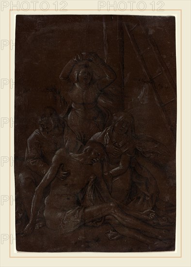Hans Baldung Grien, German (1484-1485-1545), The Lamentation, c. 1515, brush and black ink, heightened with white, on dark brown prepared paper; the surface varnished