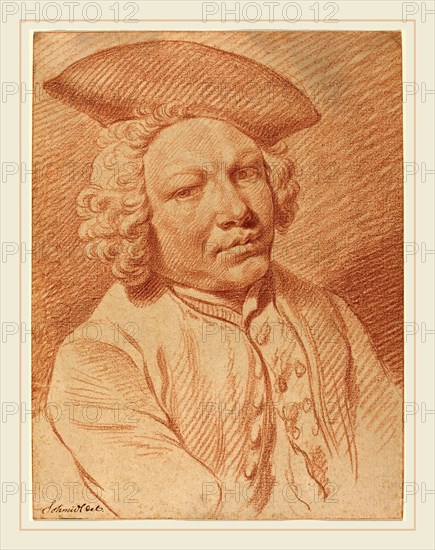 Georg Friedrich Schmidt, German (1712-1775), Portrait of a Man in a Tricorn Hat, red chalk on laid paper; laid down