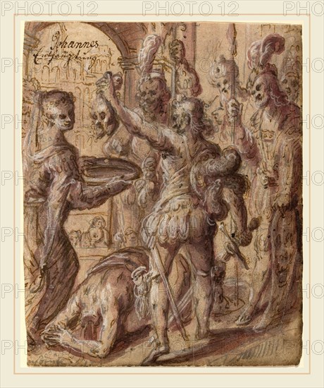 Hans Stutte, German (active 1610-c. 1625), The Beheading of Saint John the Baptist, 1617, pen and brown and gray ink with red-violet wash, heightened with white, on laid paper