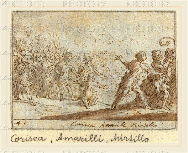 Johann Wilhelm Baur, German (1607-1641), Corisca, Amarilli and Mirtillo, 1640, pen and brown ink with brown wash on laid paper