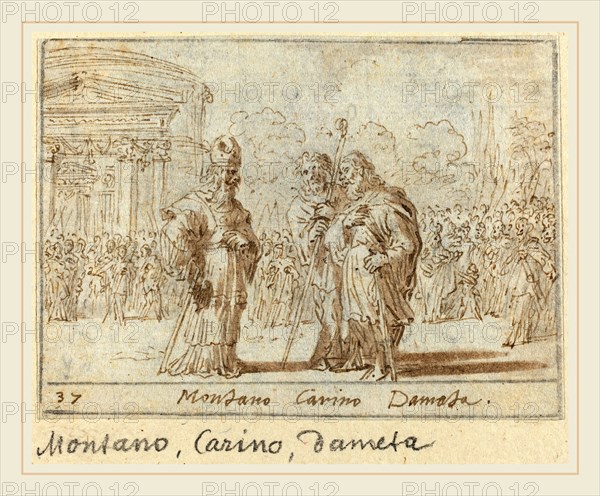 Johann Wilhelm Baur, German (1607-1641), Montano, Carino and Dameta, 1640, pen and brown ink with brown wash on laid paper