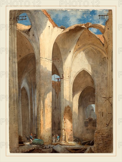 Martin Gensler, German (1811-1881), The Ruins of Saint Nicolai Church in Hamburg, 1871, watercolor and pen and brown ink, heightened with white, on wove paper