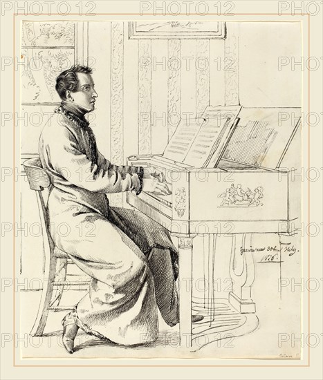 Ludwig Emil Grimm, German (1790-1863), The Artist's Brother-in-Law, Ludwig Hassenpflug, Preparing to Play the Piano, 1826, pen and black ink over graphite on wove paper