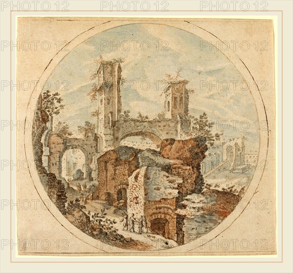 Pieter Stevens, Flemish (c. 1567-1624 or after), Travellers among Roman Ruins, pen and brown ink with red-brown and blue wash, indented with stylus