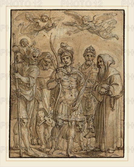 Pieter de Jode I, Flemish (1570-1634), Five Saints, pen and brown ink with brown wash over black chalk
