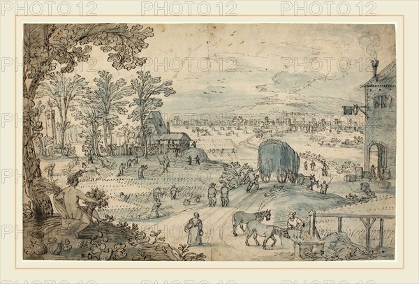 Lodewyk Toeput, Flemish (c. 1550-1603-1605), Summer Harvest in an Extensive Landscape, pen and black ink with blue and gray wash over black chalk on laid paper